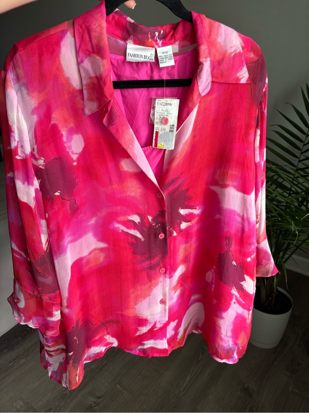 Fashion Bug Silk Blouse Plus 18/20 Pink Watercolor Floral NWT
